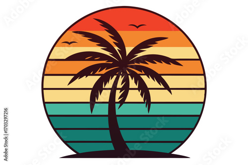 Silhouette palm tree framed by retro sunset hues with flying birds above