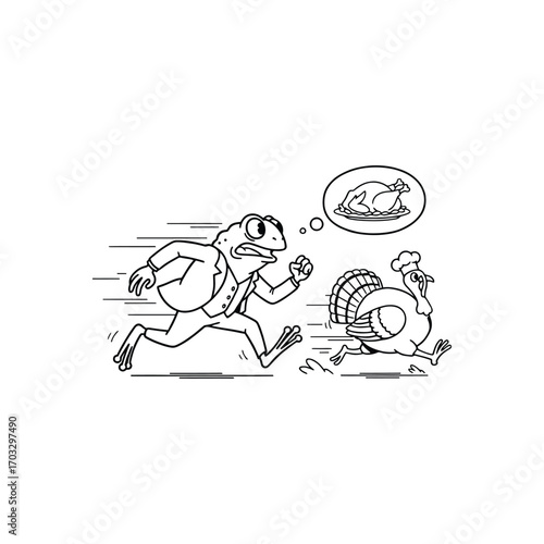 Funny Thanksgiving vector illustration of a hungry frog chasing a runaway turkey for dinner. Humorous holiday cartoon for a coloring page.