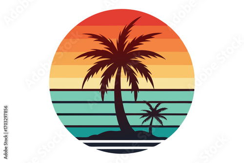 Tropical silhouettes reveal two palm trees set against colorful retro sunset stripes