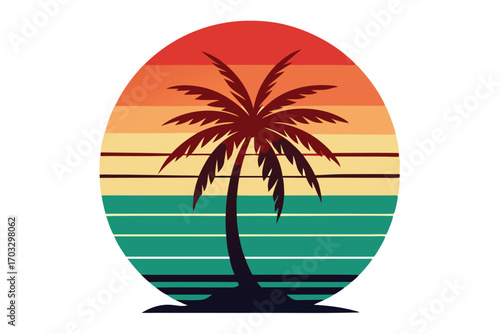 Retro sunset features a lone palm tree silhouette against a striped colorful background