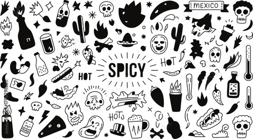 A black and white doodle sheet featuring mexican food and spicy themed illustrations and icons