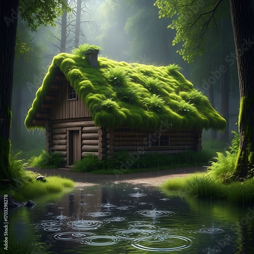 A log cabin with a moss-covered roof sits in a tranquil forest during a gentle rain shower.