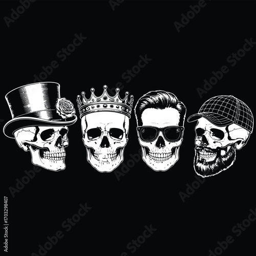 Four skulls wearing different headwear including a top hat, crown, sunglasses and baseball cap