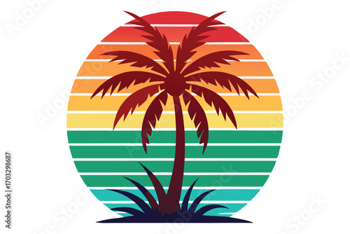 A maroon palm tree stands majestically against a striped orange sunset circle with transparent background