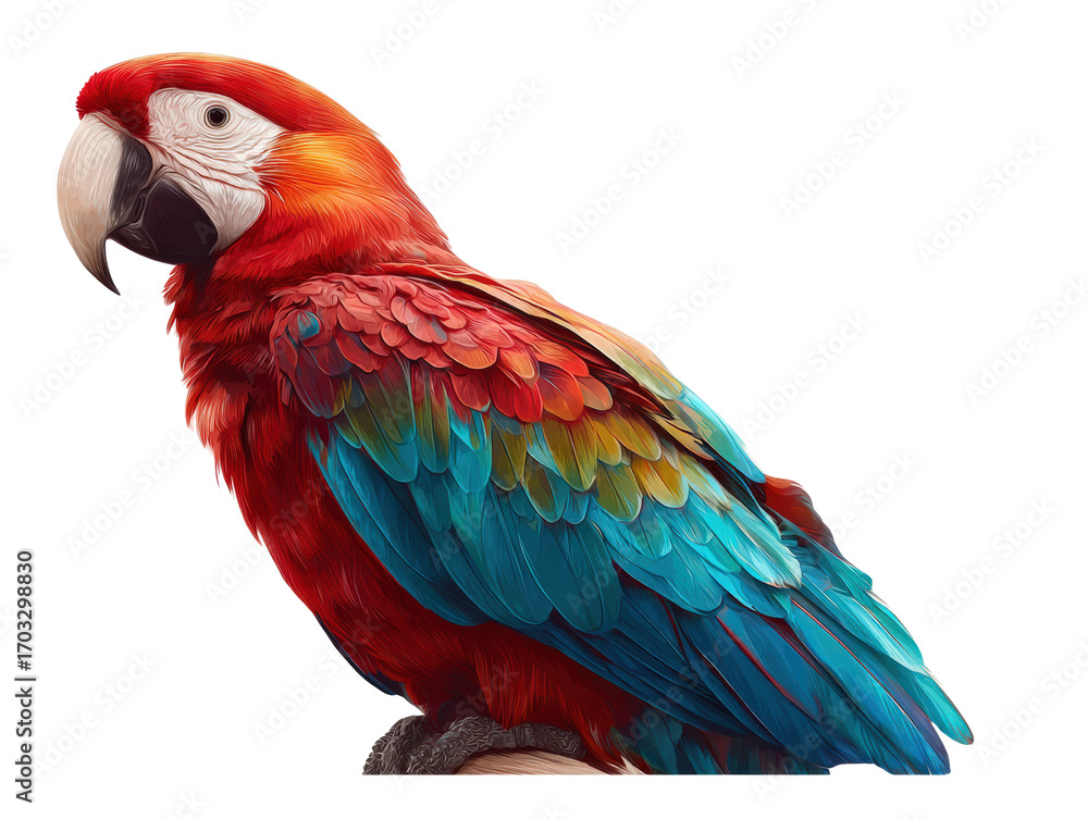 Fototapeta premium Scarlet macaw tropical bird red feather blue feather perched vibrant wildlife exotic