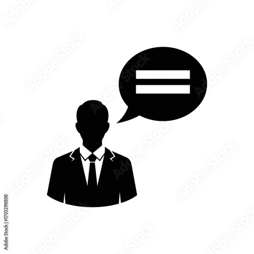 Silhouette of a businessman in a suit with a speech bubble containing an equals sign
