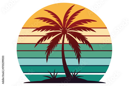 Silhouette of a palm tree against a sunset backdrop showcasing a stylized retro theme