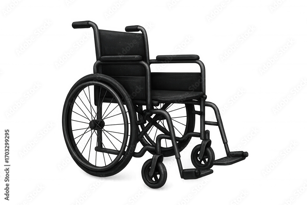 Fototapeta premium Black wheelchair rendered photorealistically, highlighting accessibility needs and mobility limitations with minimalist design against transparent backdrop