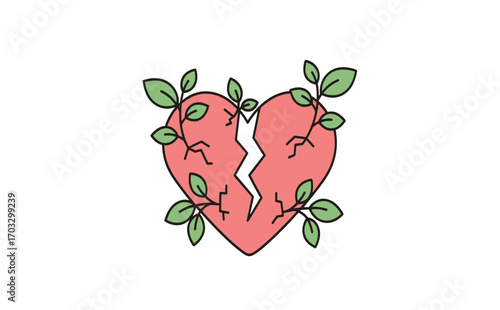 Heart Illustration with Leaves and Cracks Representing Broken Love