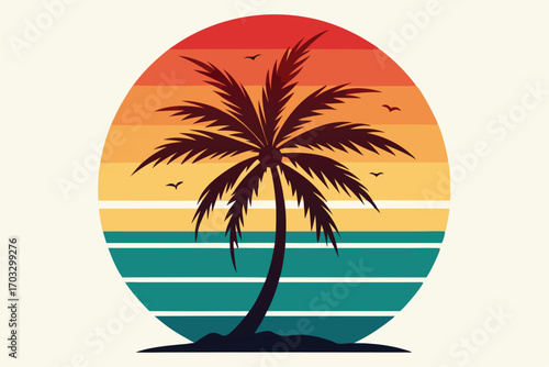 Retro style palm tree silhouette features vibrant sunset and flying birds against transparent backdrop