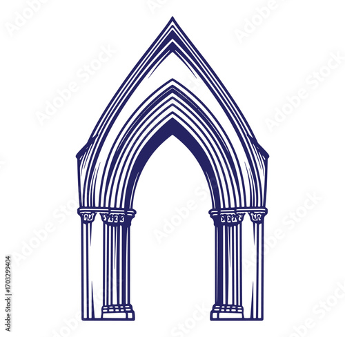 Vector illustration of gothic archway with columns in minimalist black and white design