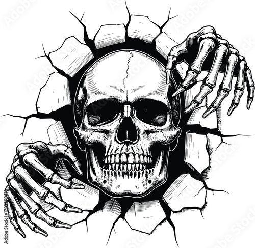 Illustration of a skull emerging from a cracked wall with skeletal hands reaching out menacingly