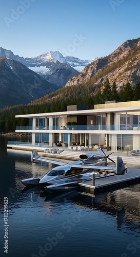 Luxurious lakefront estate boasts a modern amphibious aircraft, nestled amongst snow-capped mountains.
