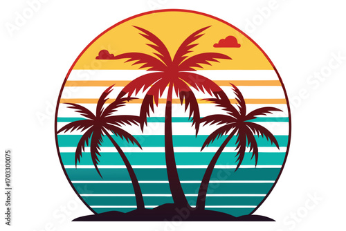 Three stylized red palm trees stand against a retro sunset ocean horizon