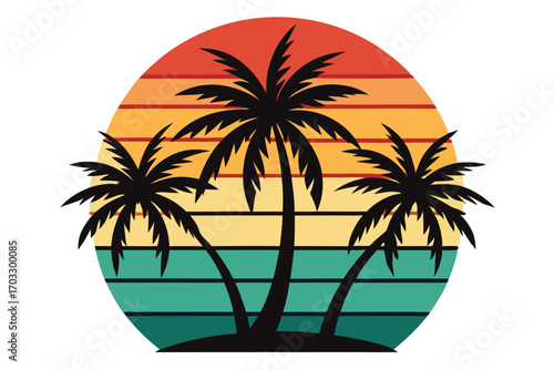 Silhouette palm trees stand proudly against a vibrant retro sunset, creating a tropical atmosphere, transparent background