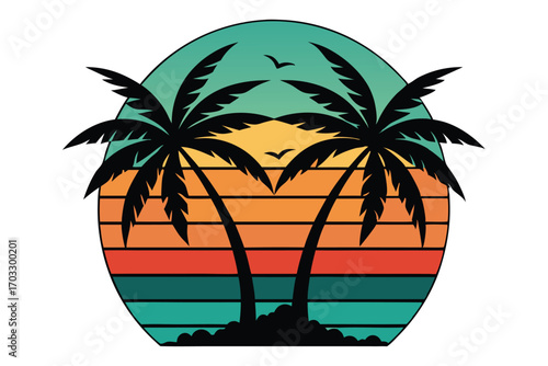 Two silhouette palm trees highlight colorful stripes and a sunset background with birds flying