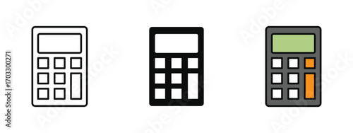Calculator icon designed in line art, fill, and colored outline styles with a white background. Useful for mathematics, finance, accounting, and office tasks.