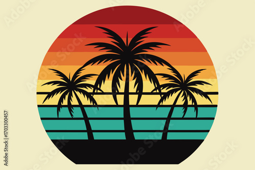 Black palm trees are silhouetted against a striped sunset circle, evoking tropical vibes