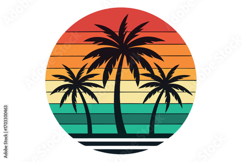 Three black palm trees stand against a retro sunset circle featuring colorful stripes