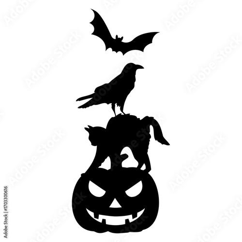 Logo con gato y cuervo subidos en calabaza de Halloween y murciélago volando para tarjetas y felicitaciones