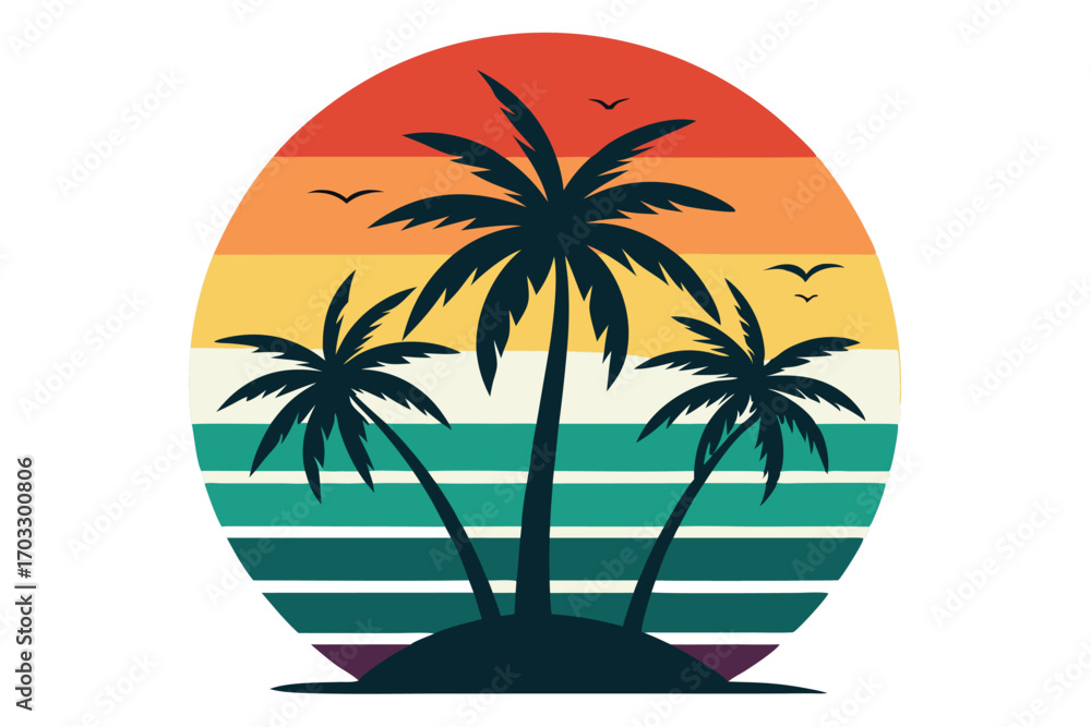 Fototapeta premium Palm trees silhouette against a sunset, colored stripes and flying birds create a tropical ambiance