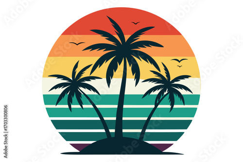 Palm trees silhouette against a sunset, colored stripes and flying birds create a tropical ambiance