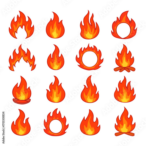 Fire flame icons set, isolated background. Burning fire and passionate flame graphic elements