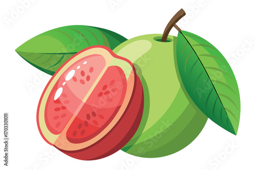 Vibrant guava fruit displays fresh, cut section with lush green leaves, transparent background