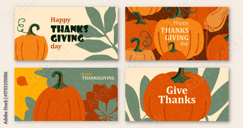 Thanksgiving vector banners set background with autumn leaves, pumpkins. American holiday greeting colorful illustration with textured effect