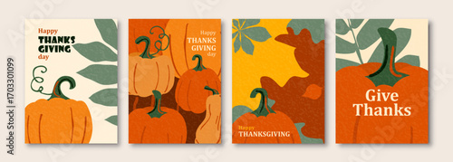 Thanksgiving vector posters set background with autumn leaves, pumpkins. American holiday greeting colorful cards with textured effect