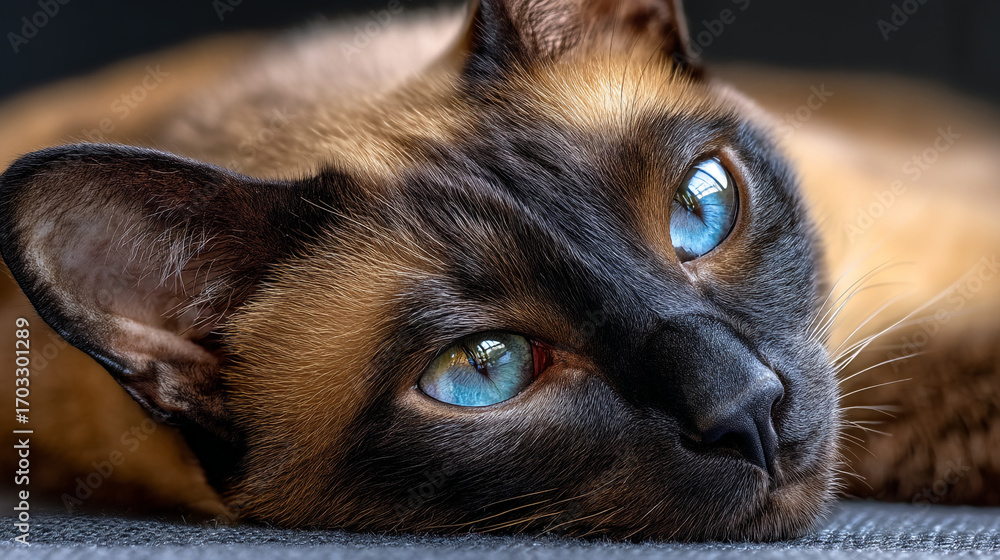 Obraz premium A close up of a siamese cat with striking blue eyes resting peacefully on a surface
