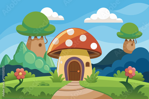 landscape with a house and a mushroom