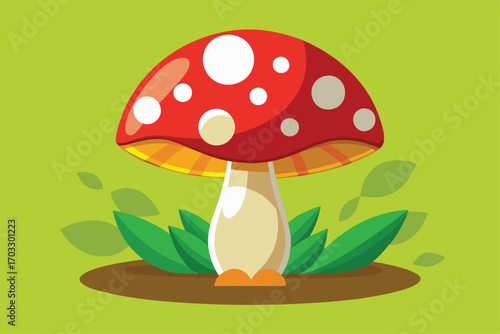 Bright red mushroom with white spots stands elegantly among green leaves on a green background