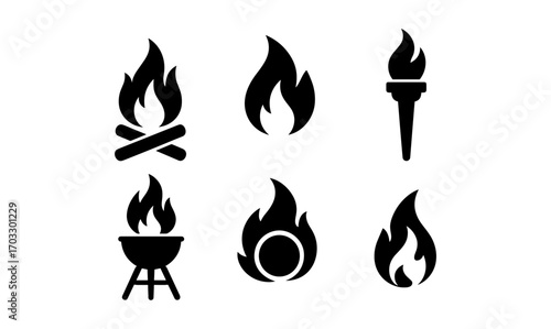 Silhouette fire icons set: bonfire, torch, grill, campfire, flame