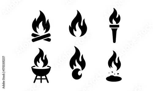 Silhouette icons of fire and flame in various forms and styles