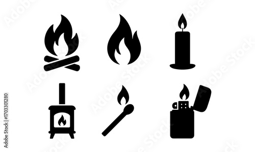 Fire icons collection: campfire, candle, stove, matchstick, lighter in silhouette style