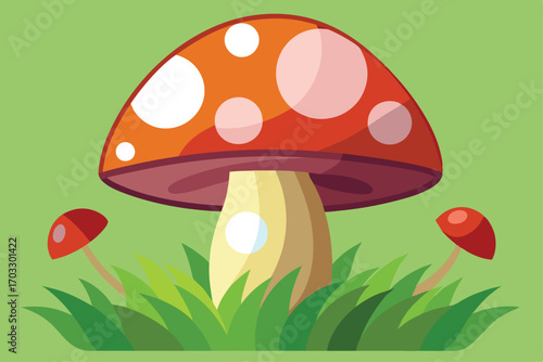 A large mushroom has white spots on its orange cap among tall green grass