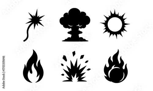 Black silhouette icons of explosion, fire, and energy burst elements
