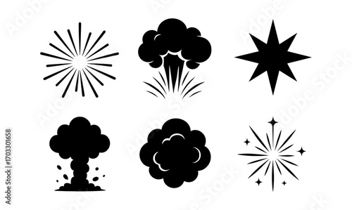 Explosive silhouette icons: fireworks and clouds collection