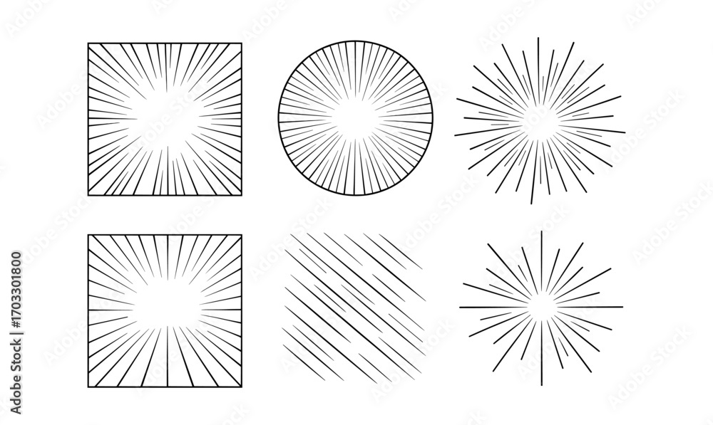 Fototapeta premium Set of geometric sunburst patterns with lines and rays in black and white