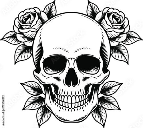 Illustration of a skull surrounded by roses and leaves in black and white tattoo style design