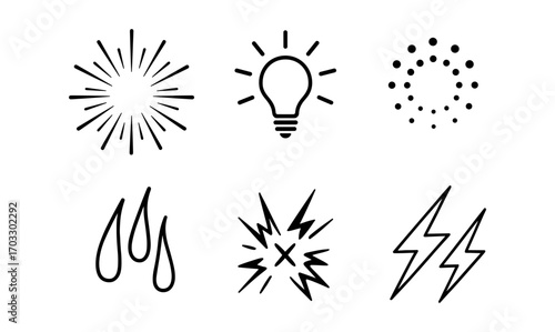 Minimalist icon set featuring sunburst, light bulb, and lightning symbols in linear style