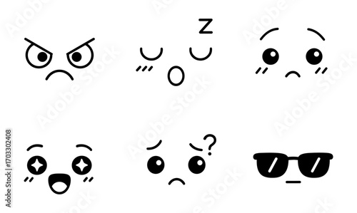 Cute and simple black and white kawaii cartoon faces for expressive design
