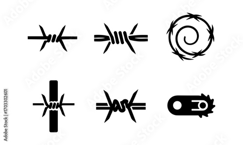 Set of minimalist barbed wire icons for security and defense themes