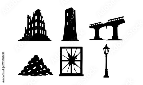 Silhouette icons of urban decay: ruined buildings and broken structures