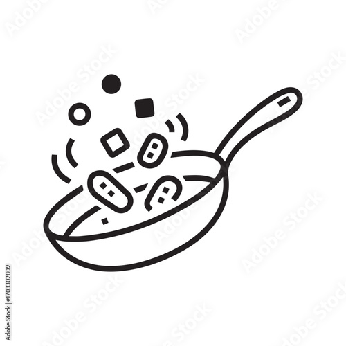 Stir fry cooking in a wok pan icon. Sizzling food preparation process. Black and white kitchen utensil line art vector illustration.
