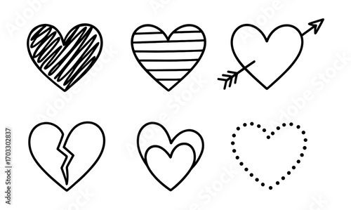 Hand drawn heart icons: diverse designs for love and relationships