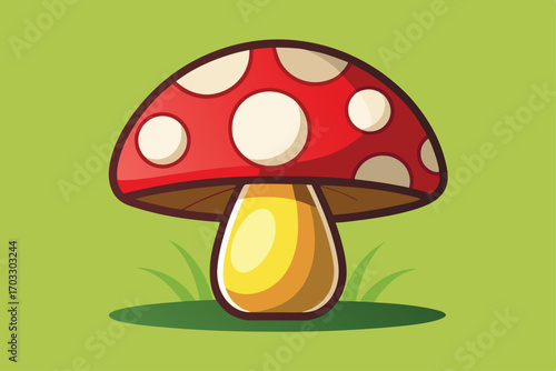 Cartoon red mushroom with white spots sitting within blades of grass on a light green background