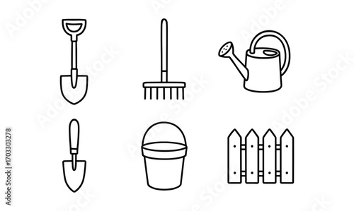 Set of gardening tools in simple black outline style: shovel, rake, watering can, trowel, bucket, fence
