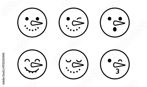 Simple line art snowman emoji faces collection for holiday designs